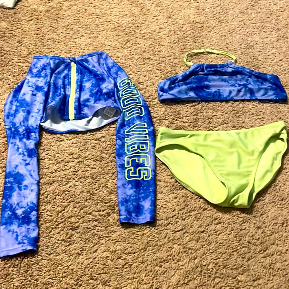 Tie dye blue and neon green swimsuit